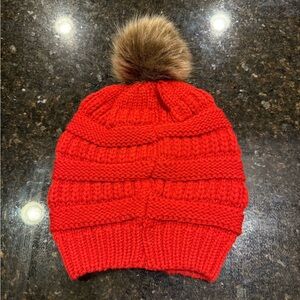Red Knit Beanie with Faux Fur Pom
